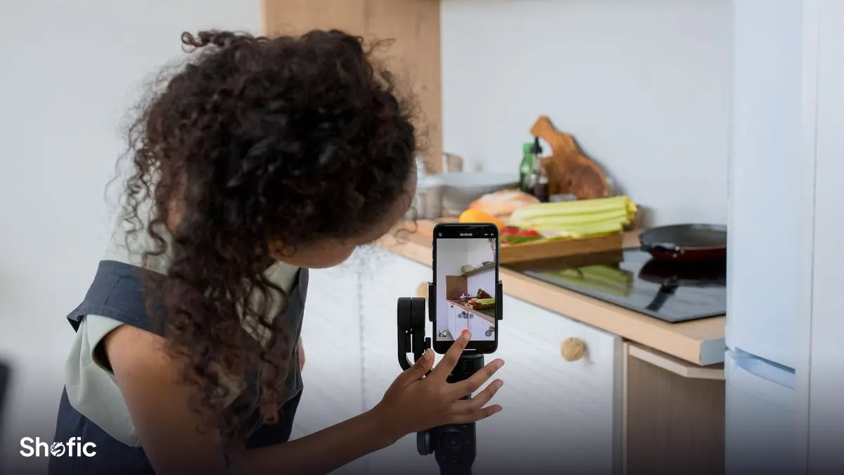 A shop owner filming a product with a phone for an Instagram post in Saudi Arabia