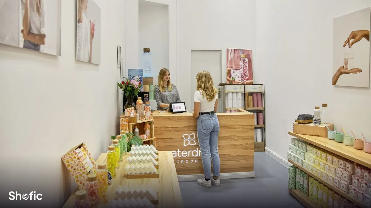 A boutique owner serving a customer at the counter