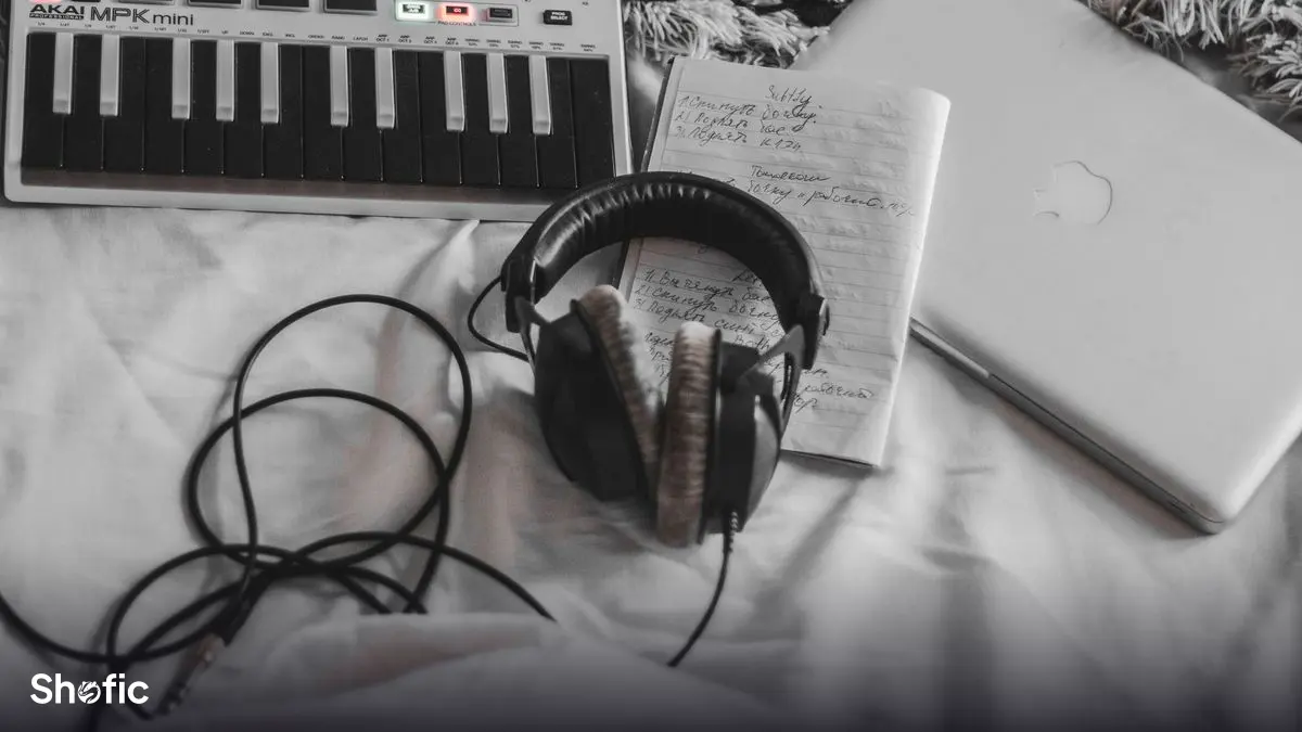 A music producer working in a home studio with headphones