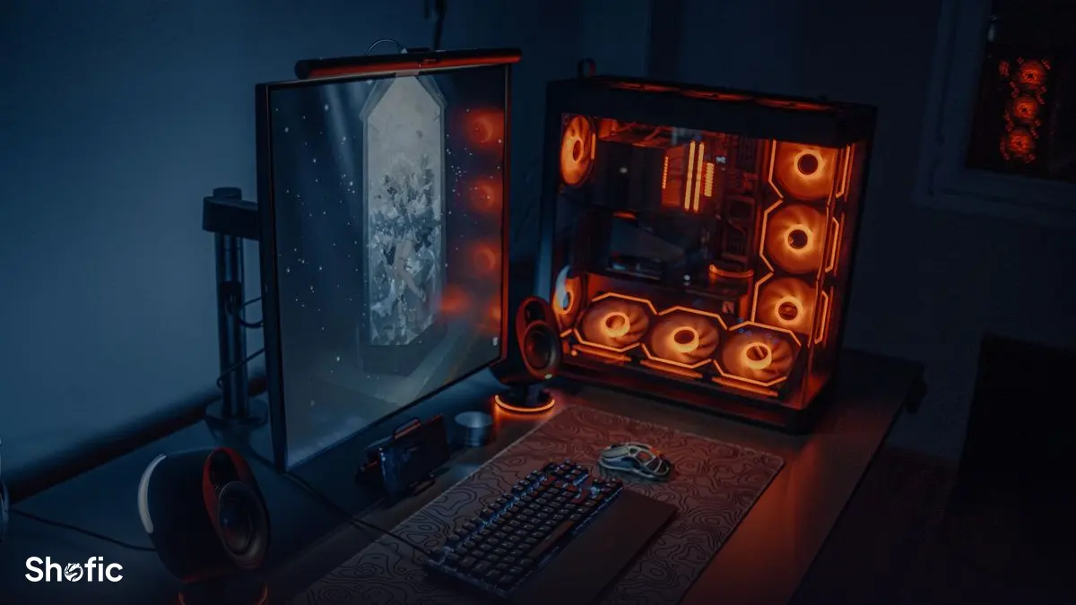 A gaming desk lit at night