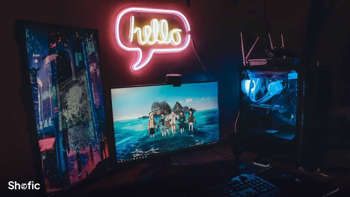 A streaming setup with lights and a gaming PC