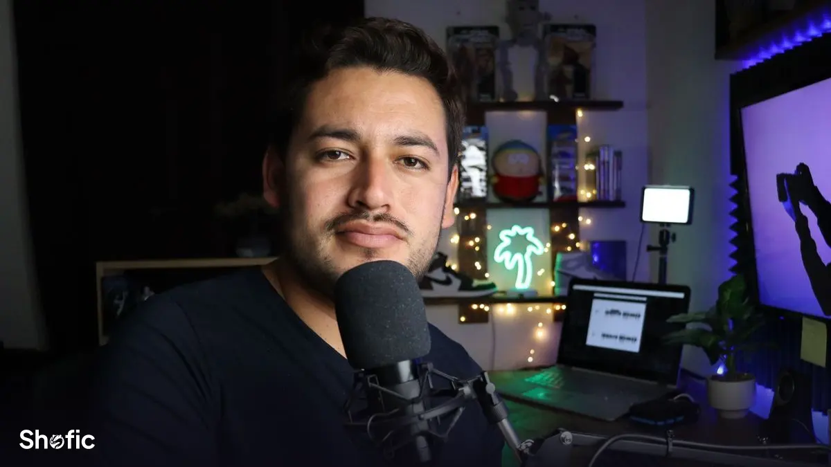 A podcast studio with a microphone set up for recording