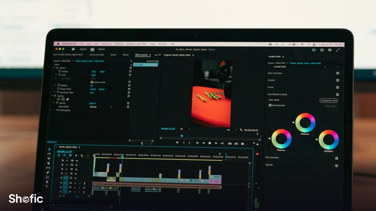 A video editing workstation with a long timeline