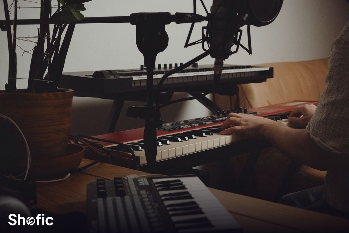 A musician working in a home studio