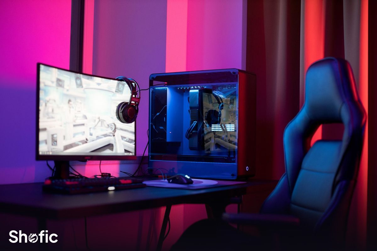 A streaming setup with coloured lighting