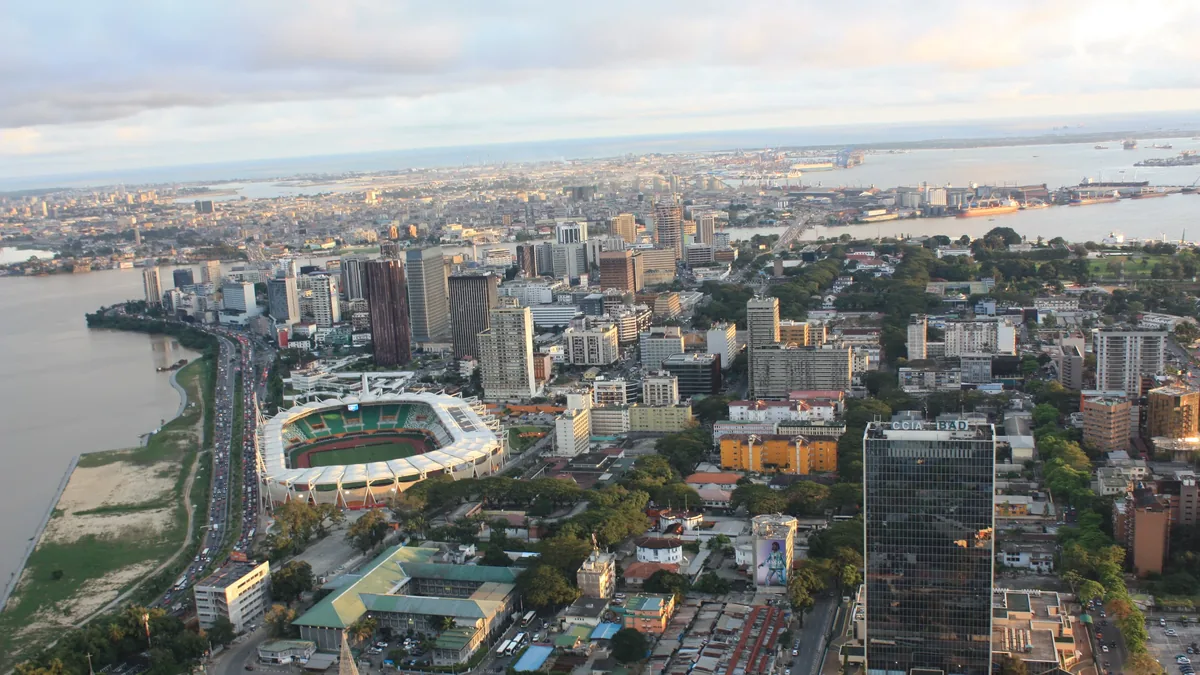 Abidjan seen from above — the Plateau district and the Ébrié lagoon