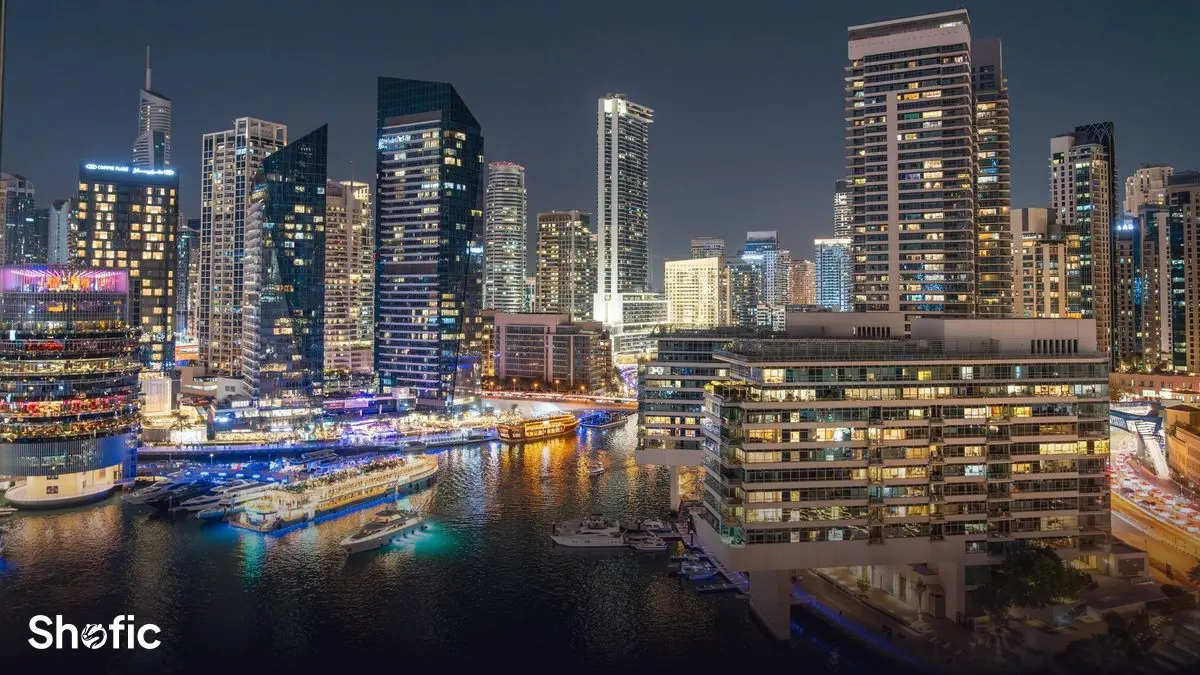 Dubai Marina lit up at night